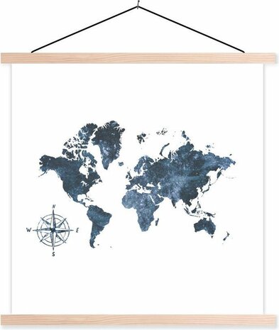 Schoolplaat - Wereldkaart - Blauw - Kompas - 40x40 cm - Blanke latten